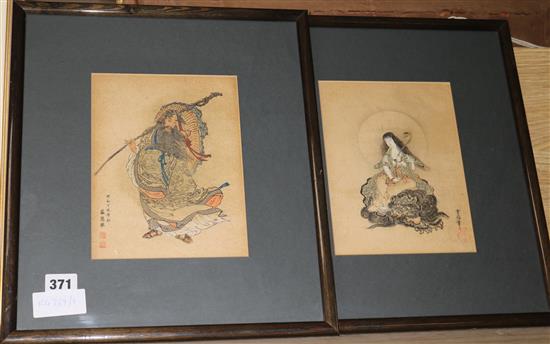 A pair of Japanese woodblock prints with watercolour decoration 8 x 6in.